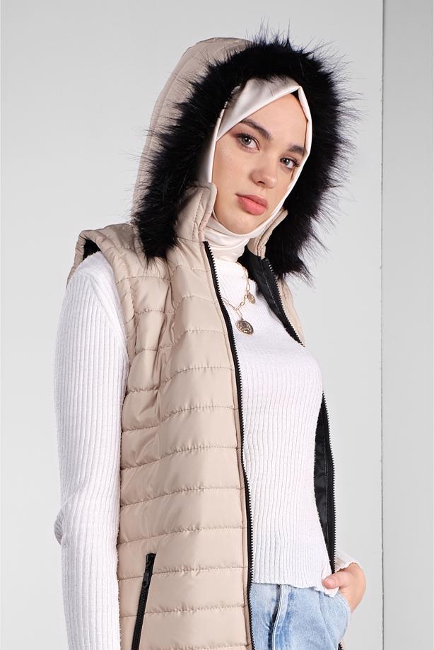 Hijab-Kleidung  KAPÜŞONU KÜRKLÜ ŞİŞME YELEK 1000-1  - TRENDTESETTÜR