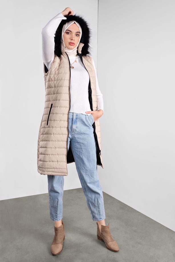 Hijab-Kleidung  KAPÜŞONU KÜRKLÜ ŞİŞME YELEK 1000-1  - TRENDTESETTÜR