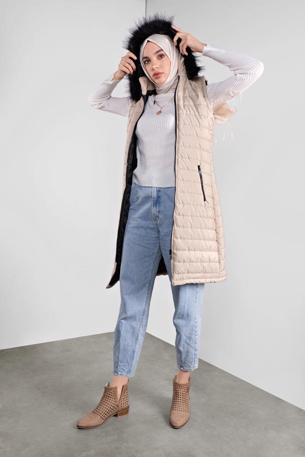 Hijab-Kleidung  KAPÜŞONU KÜRKLÜ ŞİŞME YELEK 1000-1  - TRENDTESETTÜR