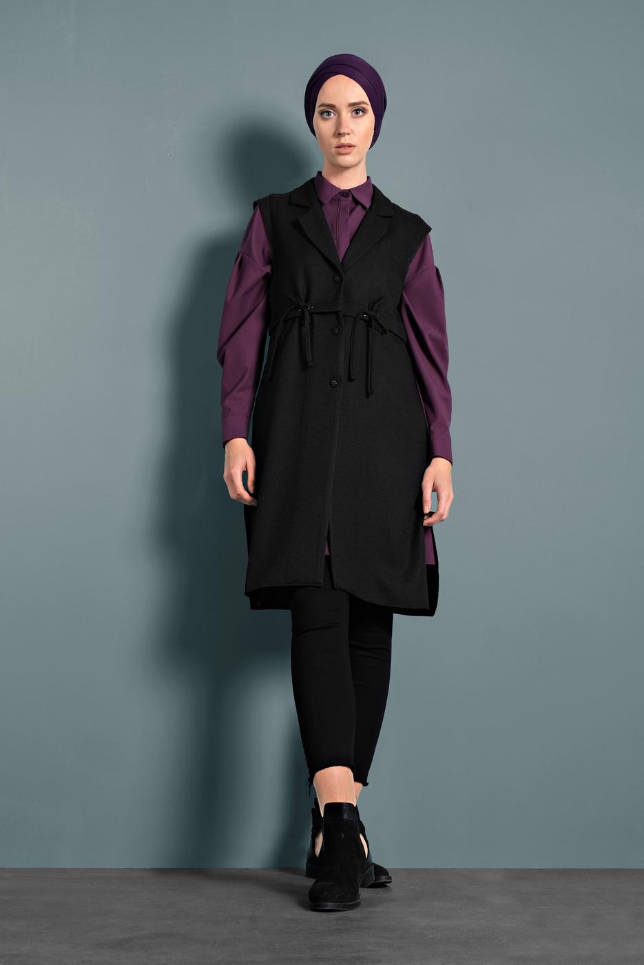 Tesettür giyim SİYAH  ALVİNA BELİ BÜZGÜLÜ DÜĞMELİ YELEK 40121