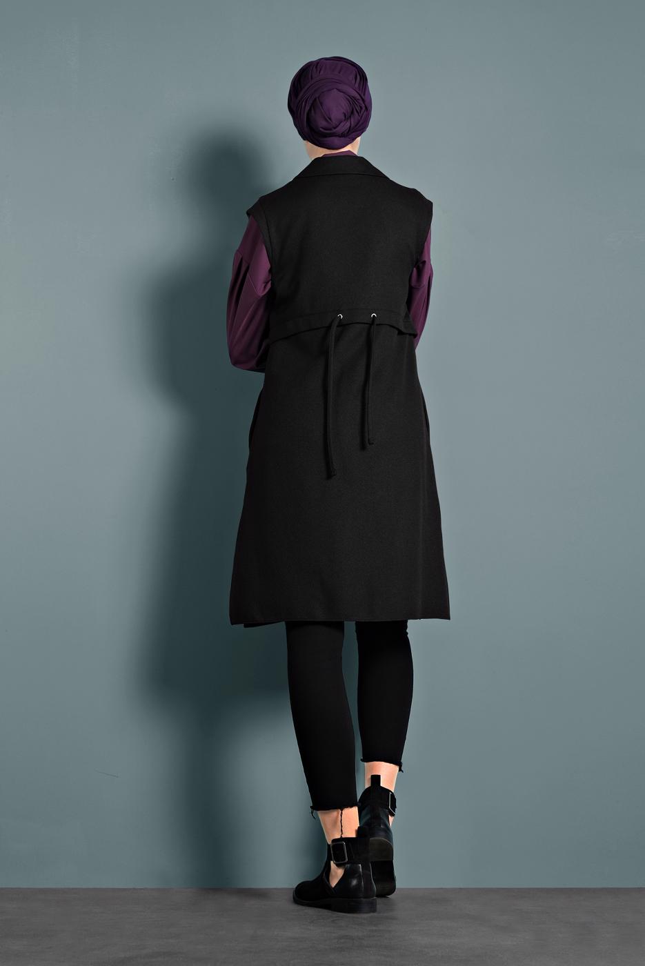 Tesettür giyim SİYAH  ALVİNA BELİ BÜZGÜLÜ DÜĞMELİ YELEK 40121