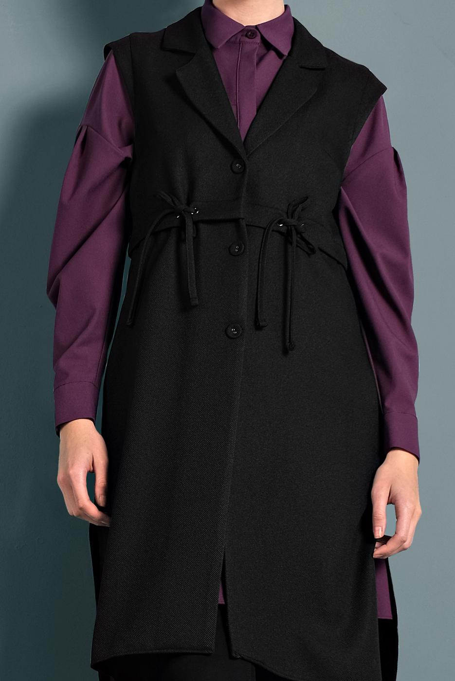 Tesettür giyim SİYAH  ALVİNA BELİ BÜZGÜLÜ DÜĞMELİ YELEK 40121