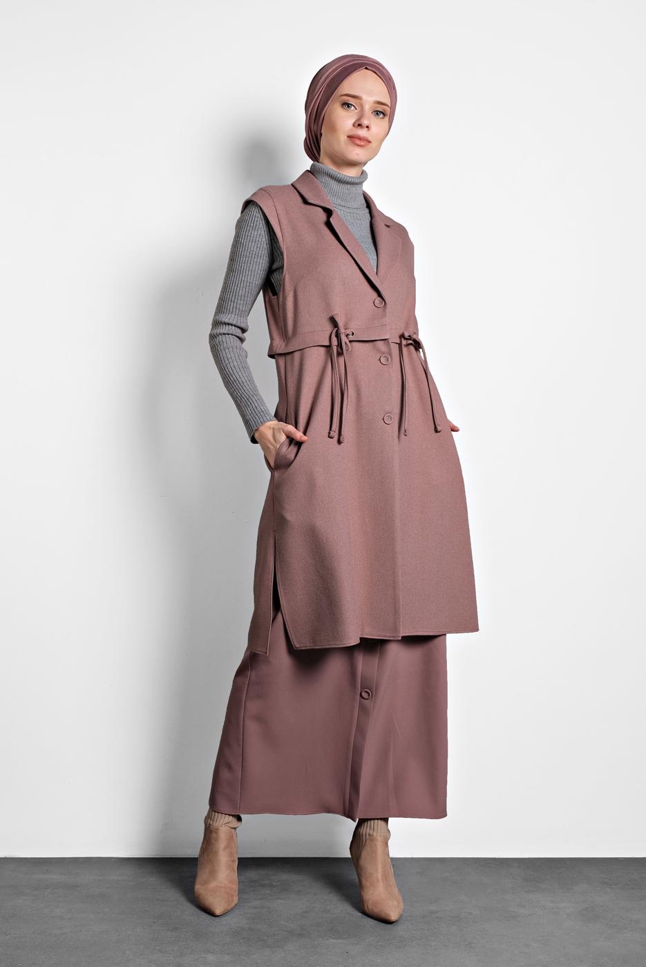 Tesettür giyim PUDRA  ALVİNA BELİ BÜZGÜLÜ DÜĞMELİ YELEK 40121