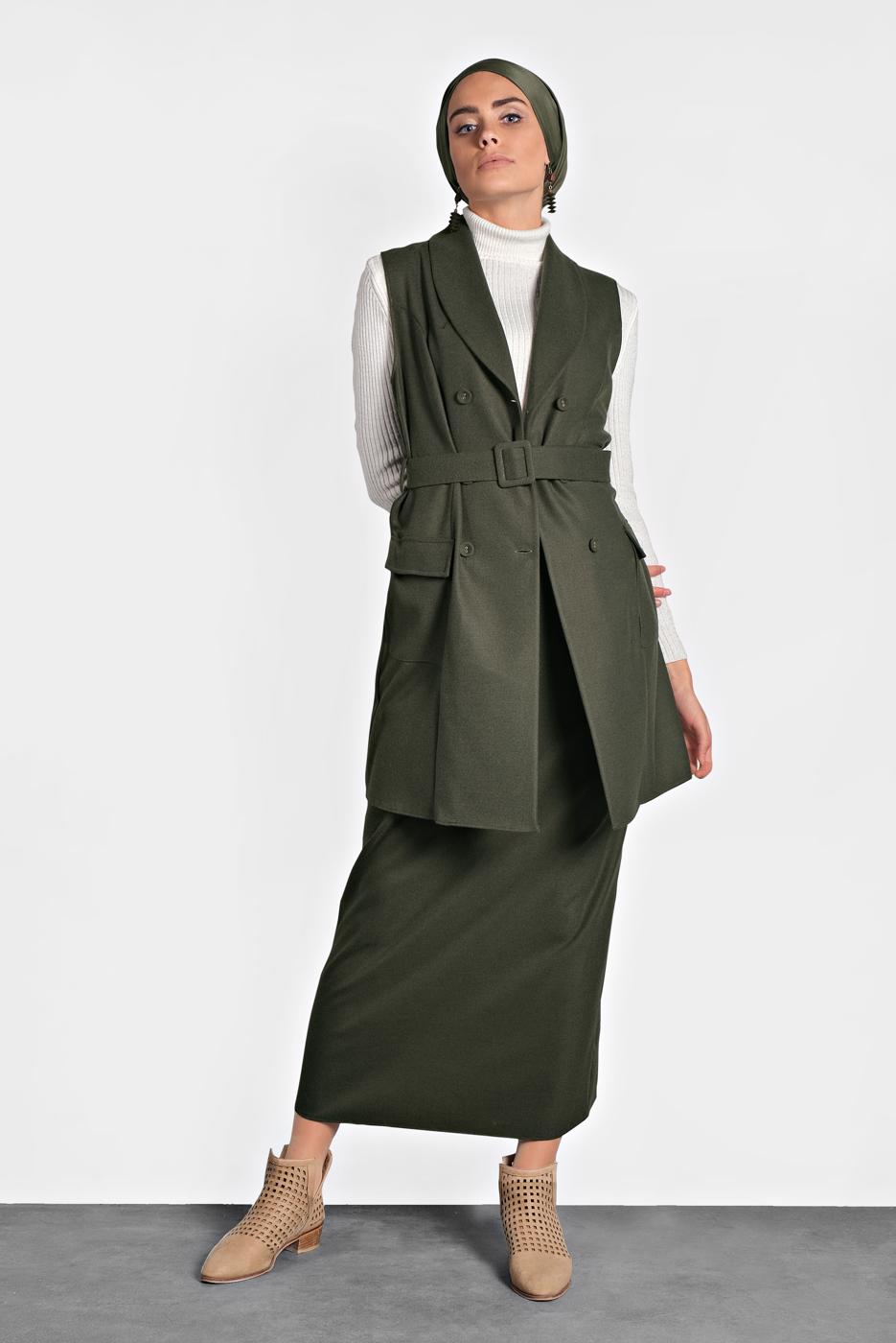 Tesettür giyim HAKİ ALVİNA DÜĞMELİ KEMERLİ YELEK 40122