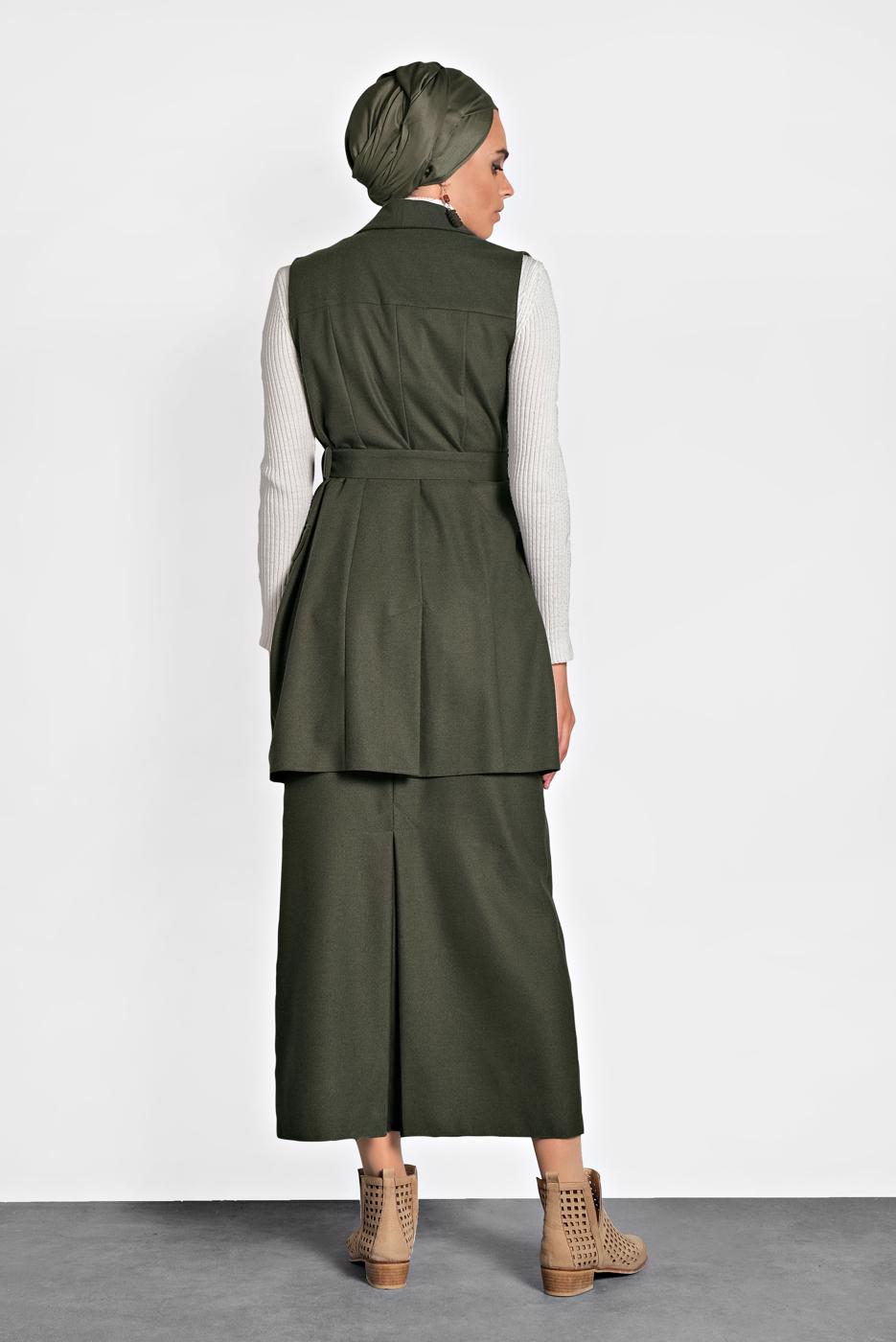 Tesettür giyim HAKİ ALVİNA DÜĞMELİ KEMERLİ YELEK 40122