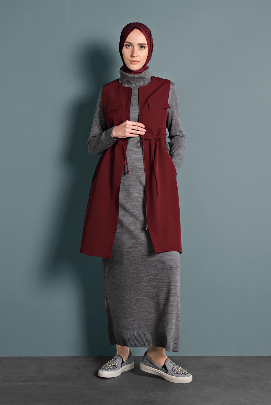 Tesettür giyim BORDO ALVİNA BİSİKLET YAKA BELİ LASTİKLİ FERMUARLI YELEK 40247