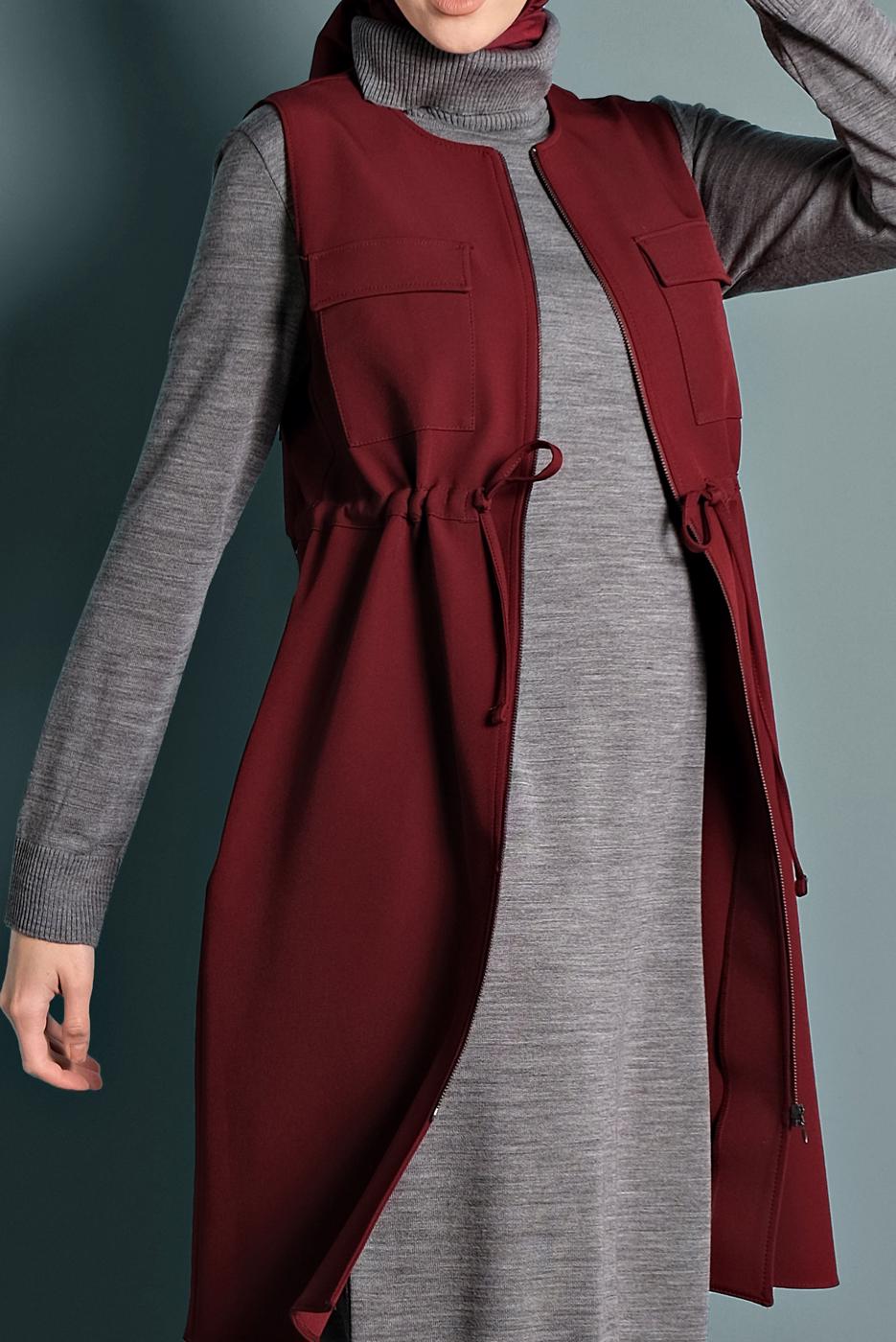 Tesettür giyim BORDO ALVİNA BİSİKLET YAKA BELİ LASTİKLİ FERMUARLI YELEK 40247