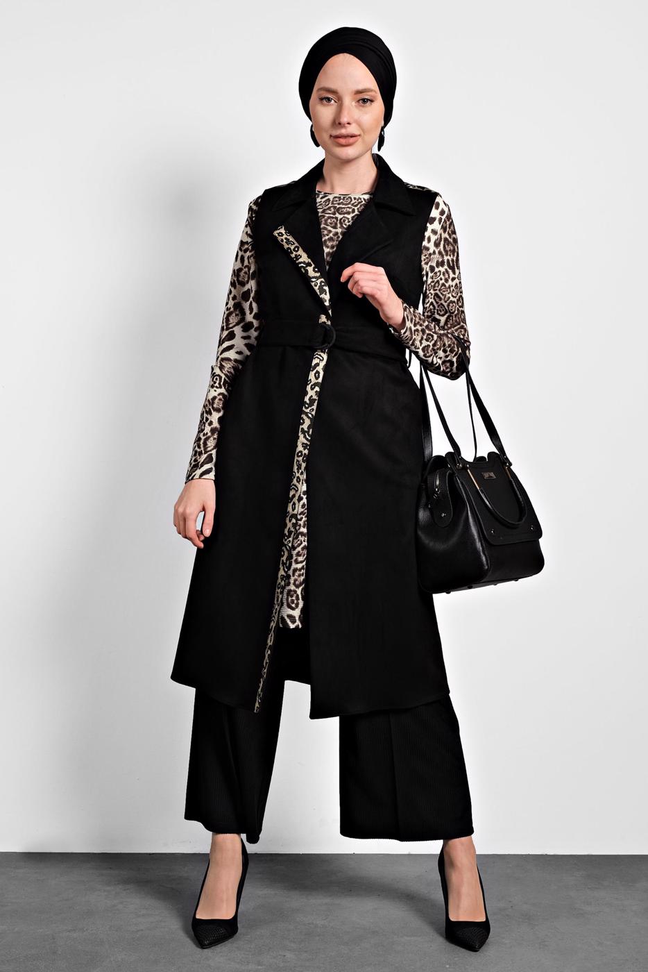Tesettür giyim SİYAH ALVİNA SÜET YELEK T 40306