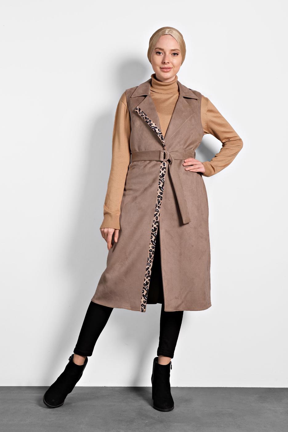 Tesettür giyim VİZON ALVİNA SÜET YELEK T 40306