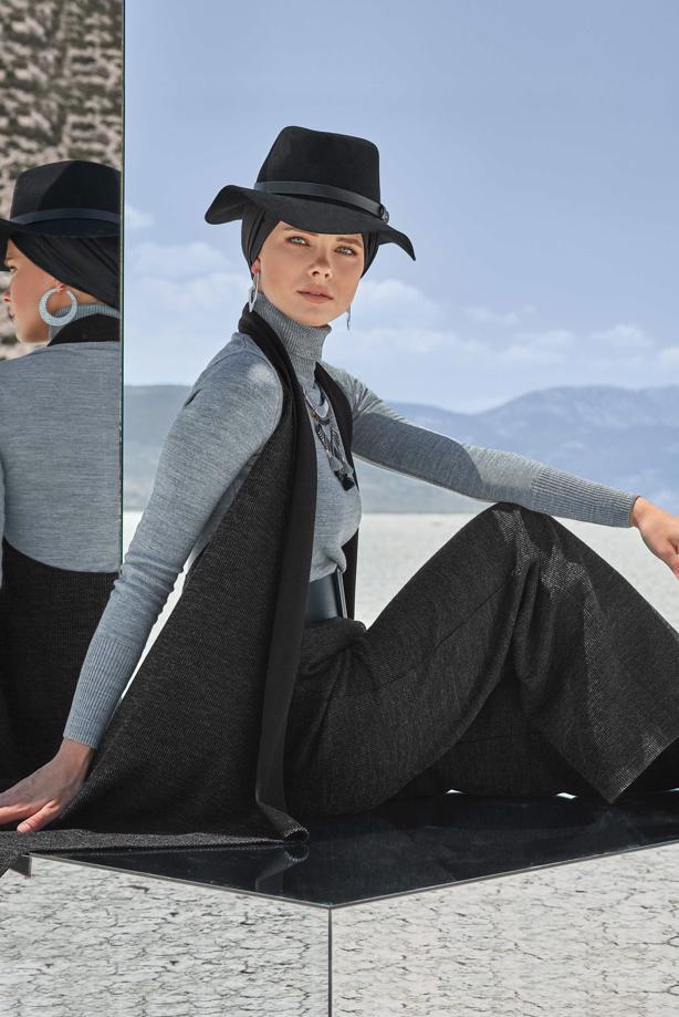 Tesettür giyim SİYAH ALVİNA ASİMETRİK KESİM SALAŞ YELEK 40417 - TRENDTESETTÜR