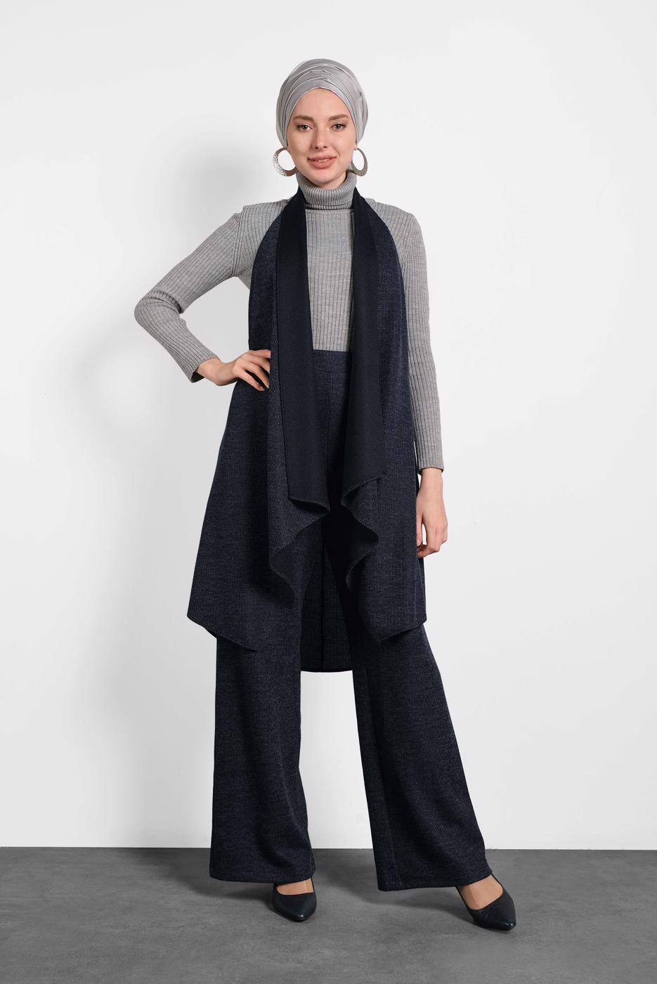 Tesettür giyim LACİVERT ALVİNA ASİMETRİK KESİM SALAŞ YELEK 40417
