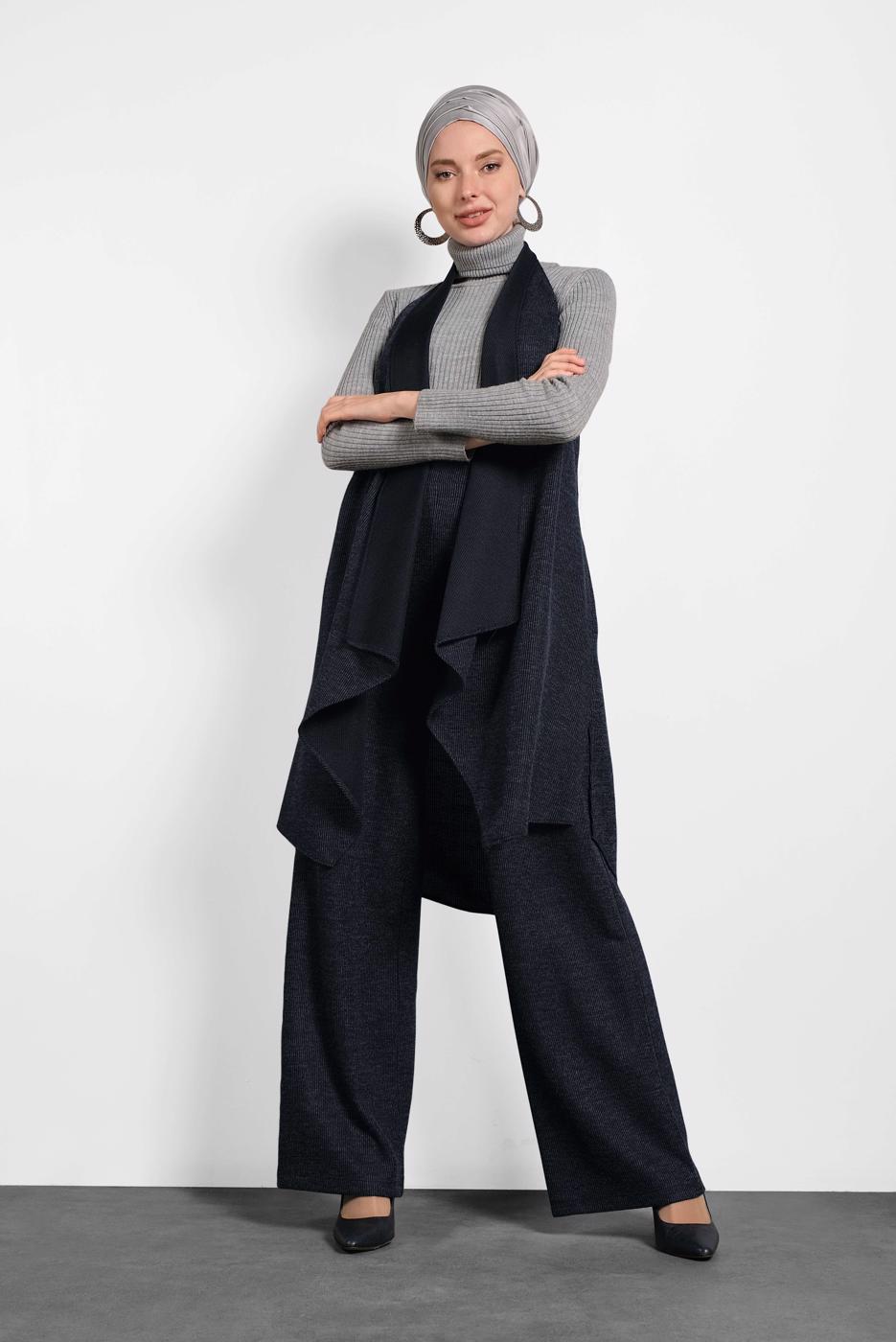 Tesettür giyim LACİVERT ALVİNA ASİMETRİK KESİM SALAŞ YELEK 40417