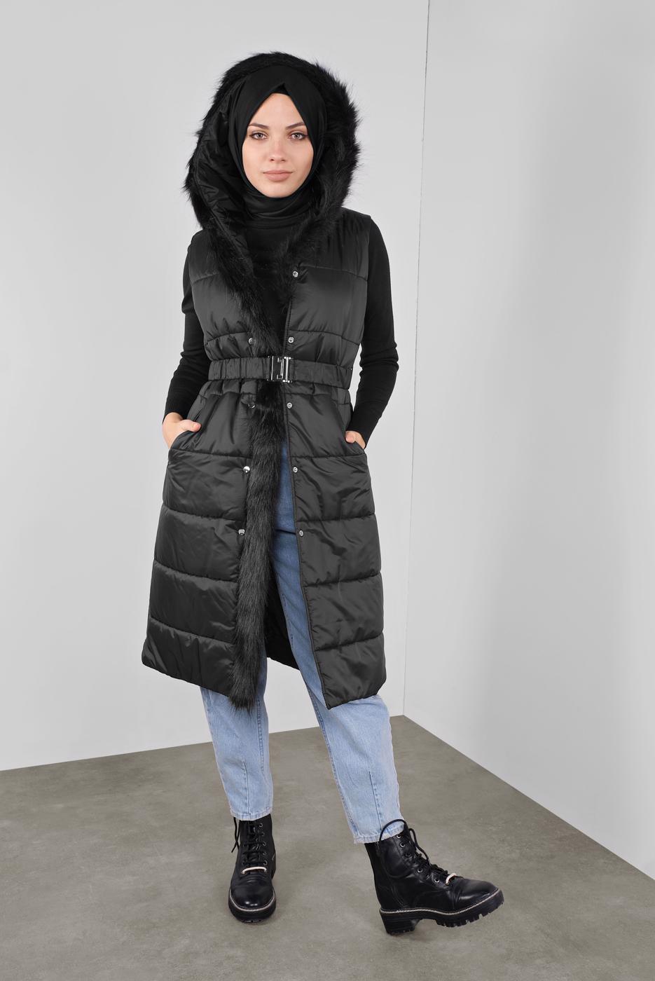 Tesettür giyim SİYAH ALVİNA KAPÜŞONLU ŞİŞME YELEK 90064