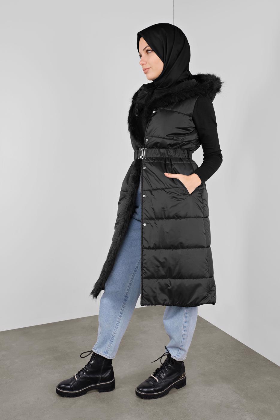 Tesettür giyim SİYAH ALVİNA KAPÜŞONLU ŞİŞME YELEK 90064