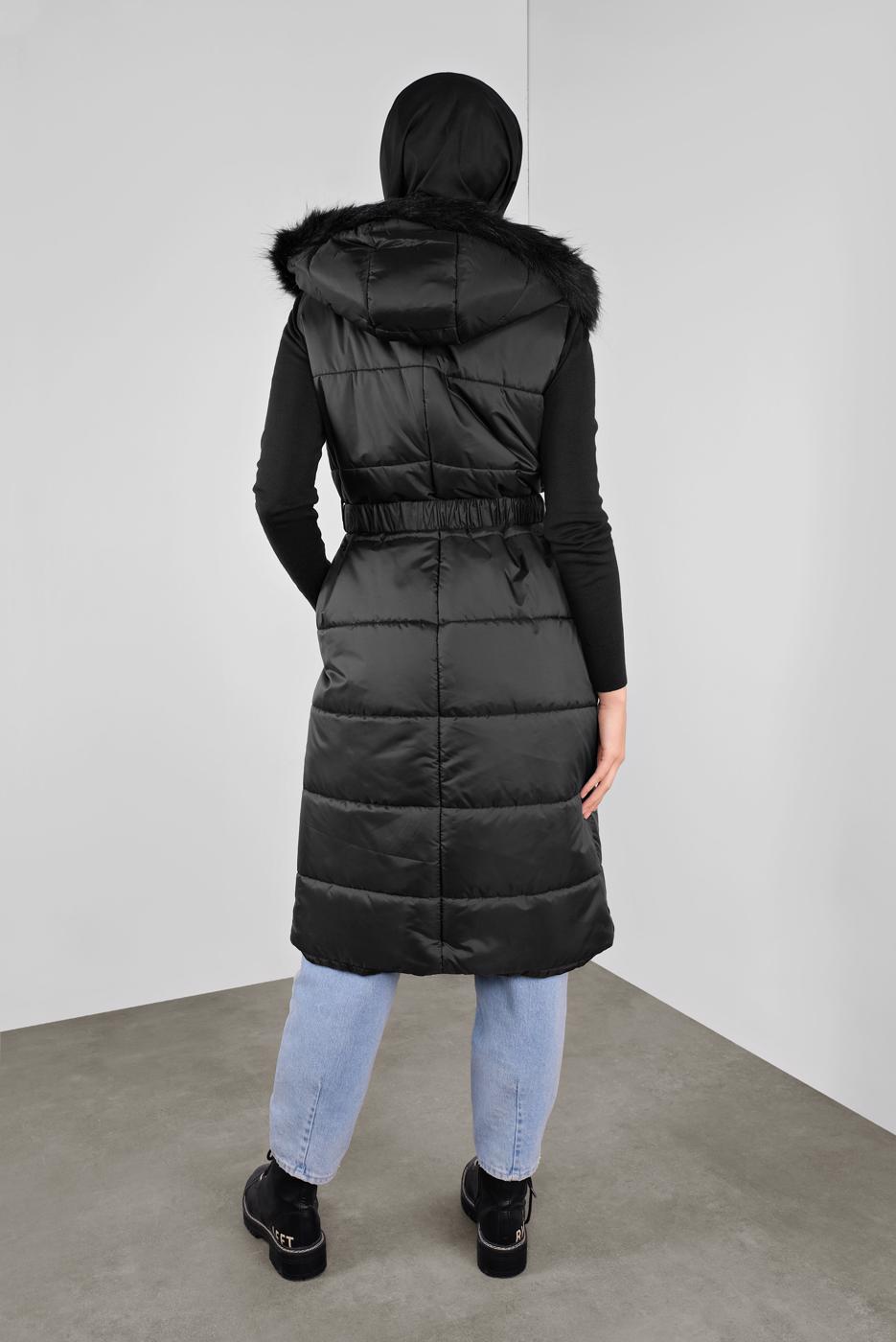 Tesettür giyim SİYAH ALVİNA KAPÜŞONLU ŞİŞME YELEK 90064