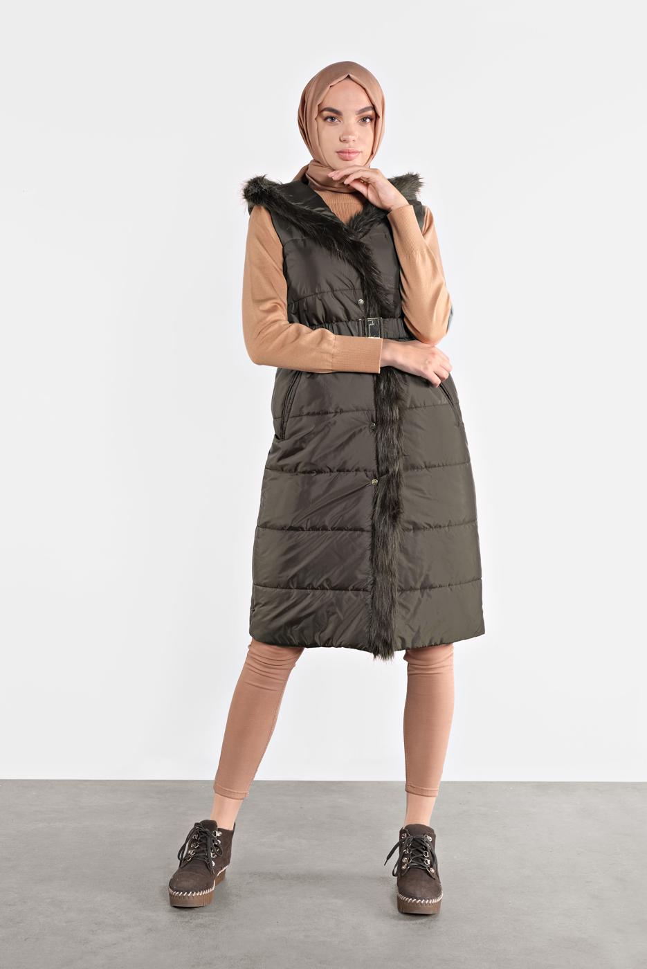 Tesettür giyim HAKİ ALVİNA KAPÜŞONLU ŞİŞME YELEK 90064