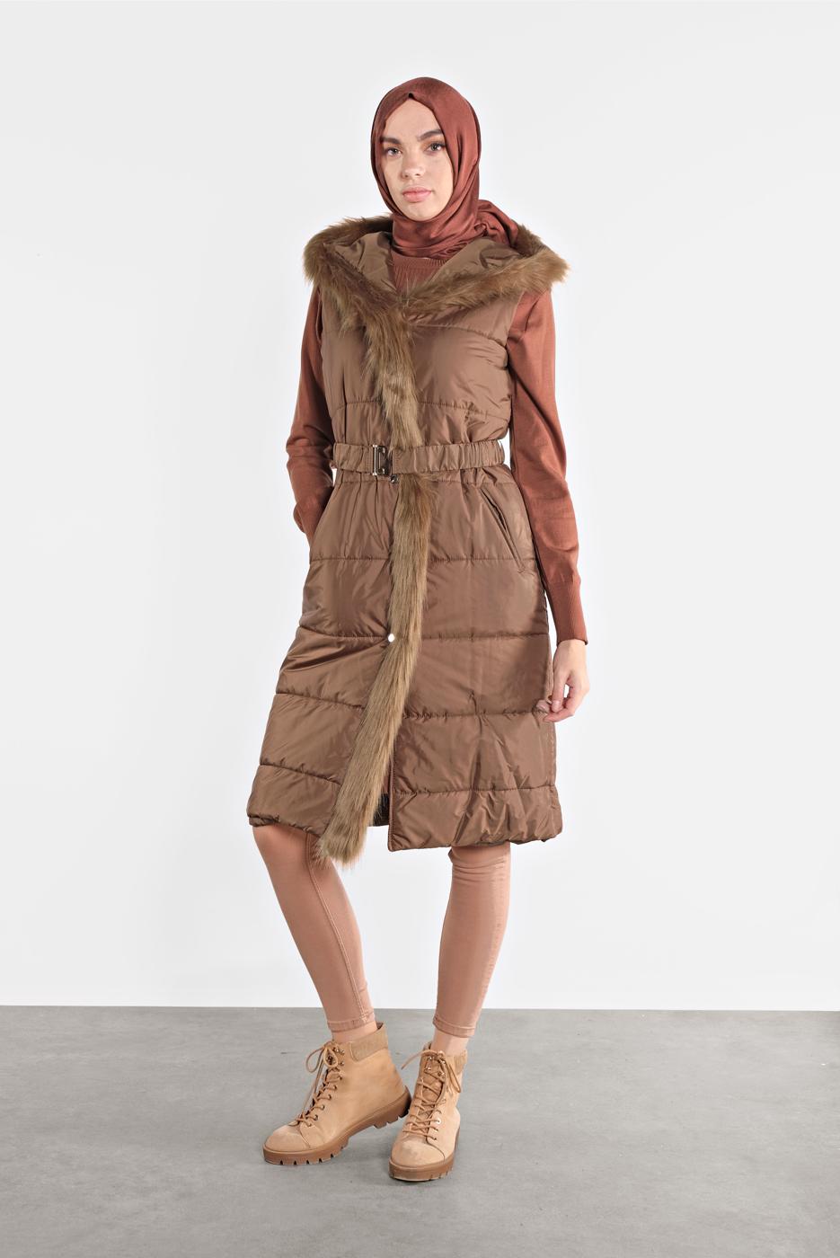 Tesettür giyim TABA ALVİNA KAPÜŞONLU ŞİŞME YELEK 90064