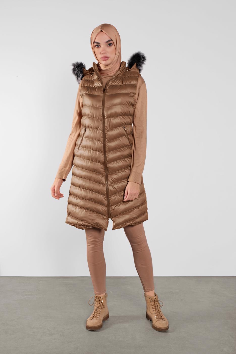 Hijab clothing BROWN FAUX-FUR-TRIM HOODED PUFFER GILET 673