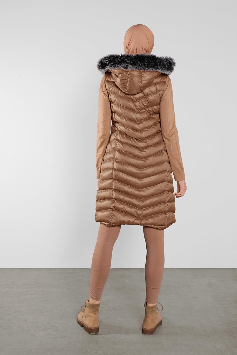 Hijab clothing BROWN FAUX-FUR-TRIM HOODED PUFFER GILET 673
