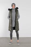 Hijab clothing KHAKI FAUX-FUR-TRIM HOODED PUFFER GILET 673