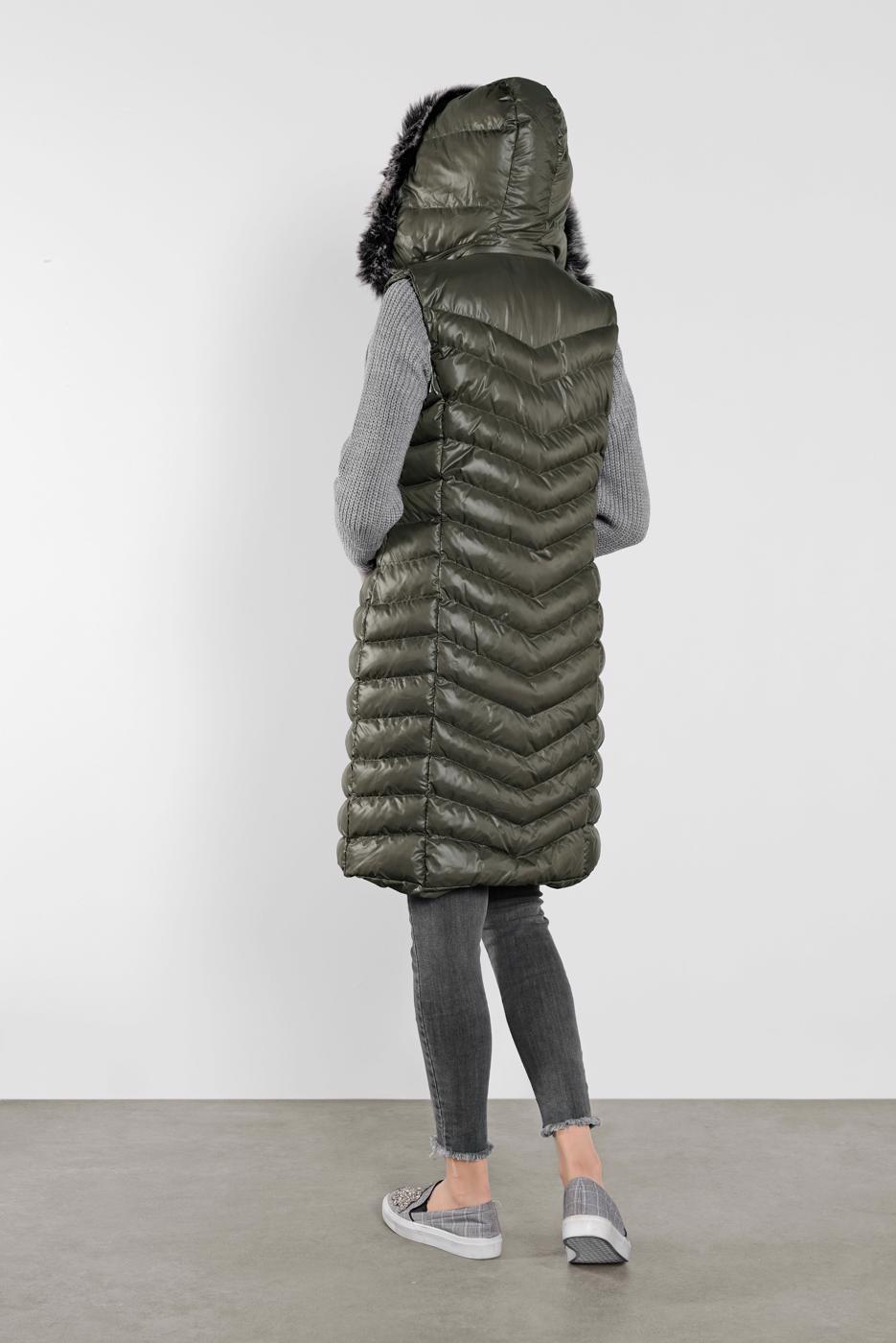 Hijab clothing KHAKI FAUX-FUR-TRIM HOODED PUFFER GILET 673