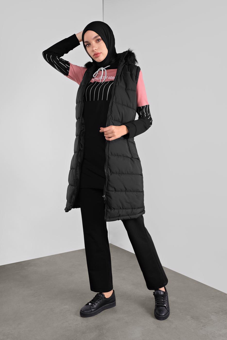 Vêtements hijab NOIR DOUDOUNE À CAPUCHE EN EFFET FOURRURE 1000 