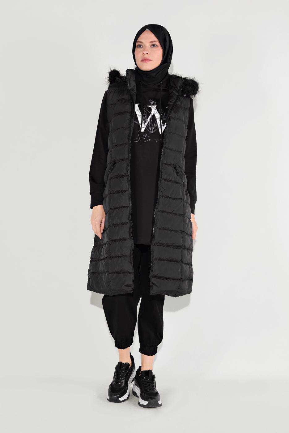 Hijab clothing BLACK FAUX-FUR-TRIM HOODED GILET 1932