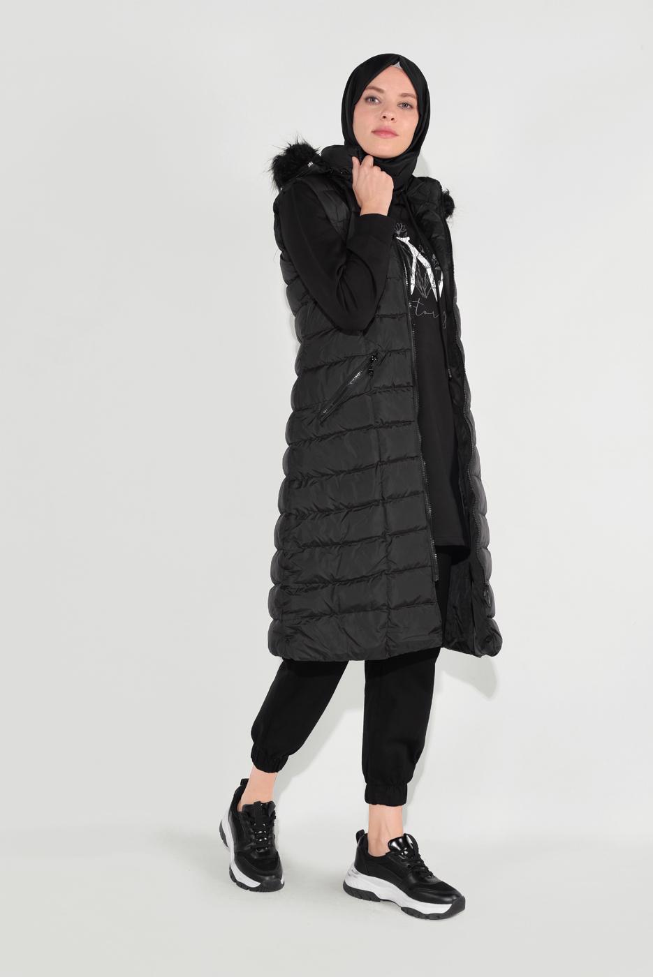 Hijab clothing BLACK FAUX-FUR-TRIM HOODED GILET 1932