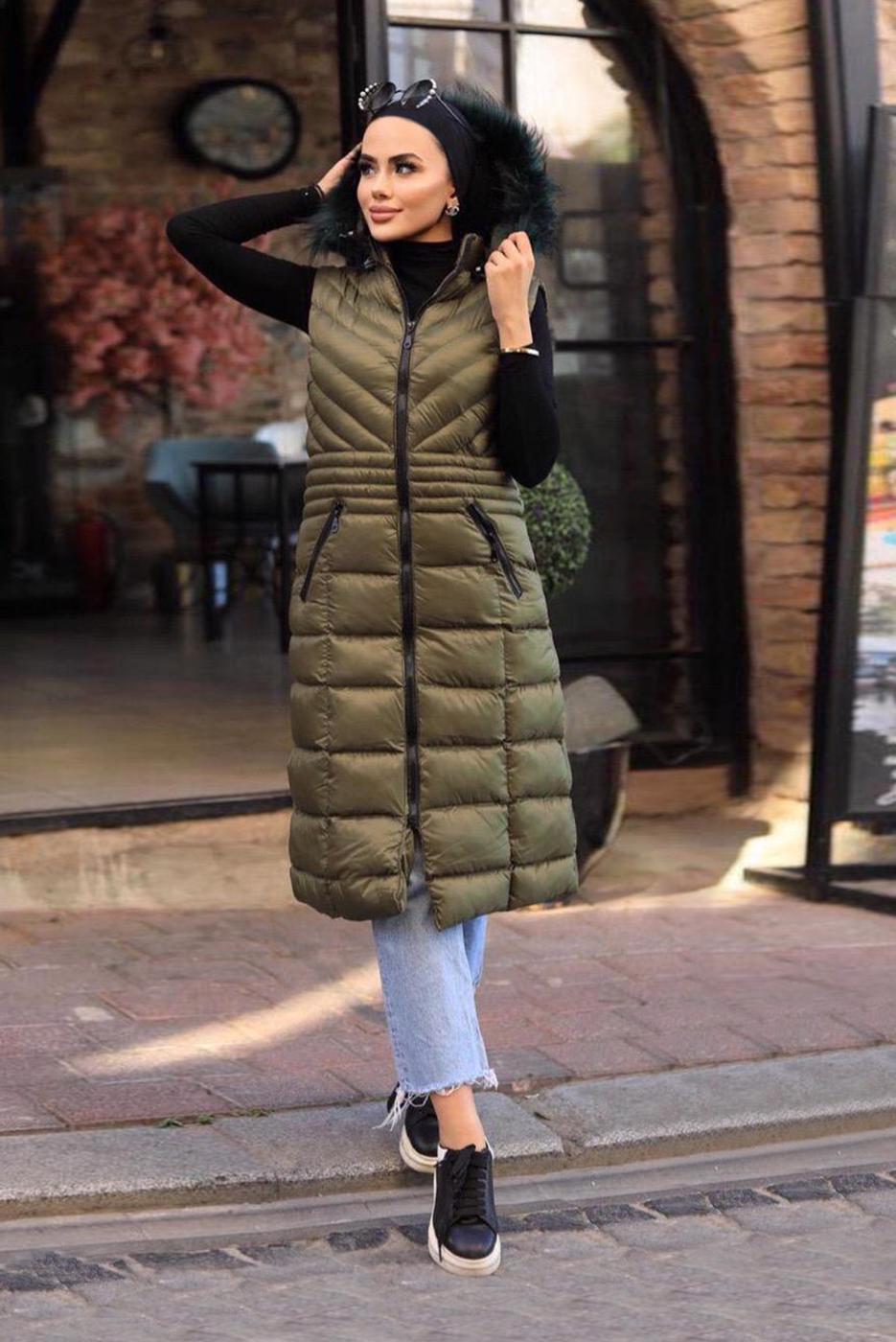 Tesettür giyim HAKİ KAPÜŞONU KÜRKLÜ ŞİŞME YELEK 1965