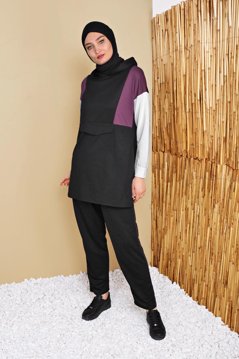 Tesettür giyim SİYAH ÜÇ RENK KAPÜŞONLU PANTOLONLU EŞOFMAN TAKIM  7356 