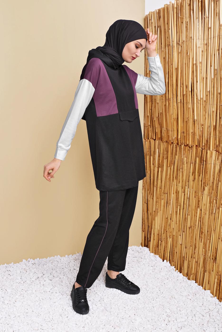 Tesettür giyim SİYAH ÜÇ RENK KAPÜŞONLU PANTOLONLU EŞOFMAN TAKIM  7356 