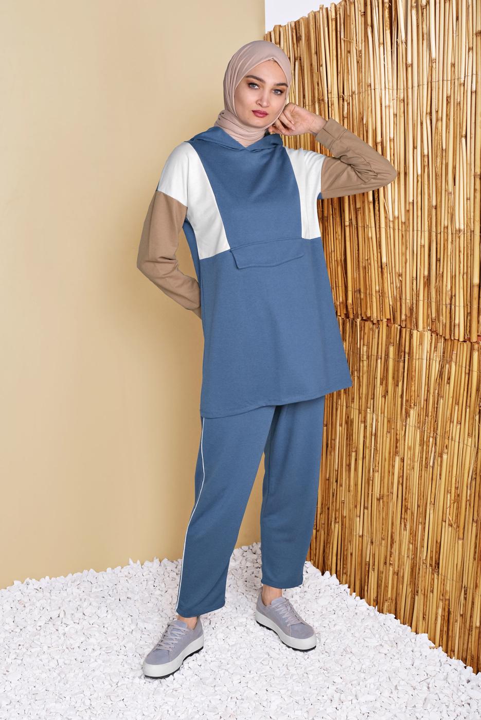 Tesettür giyim LACİVERT ÜÇ RENK KAPÜŞONLU PANTOLONLU EŞOFMAN TAKIM  7356 
