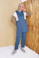 Tesettür giyim LACİVERT ÜÇ RENK KAPÜŞONLU PANTOLONLU EŞOFMAN TAKIM  7356 