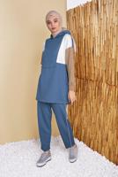 Tesettür giyim LACİVERT ÜÇ RENK KAPÜŞONLU PANTOLONLU EŞOFMAN TAKIM  7356 