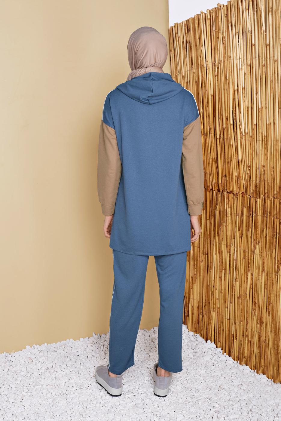 Tesettür giyim LACİVERT ÜÇ RENK KAPÜŞONLU PANTOLONLU EŞOFMAN TAKIM  7356 