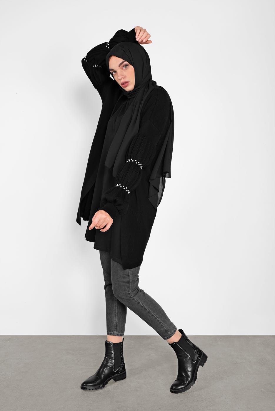Tesettür giyim SİYAH İNCİ İŞLEME DETAYLI HIRKA 82441