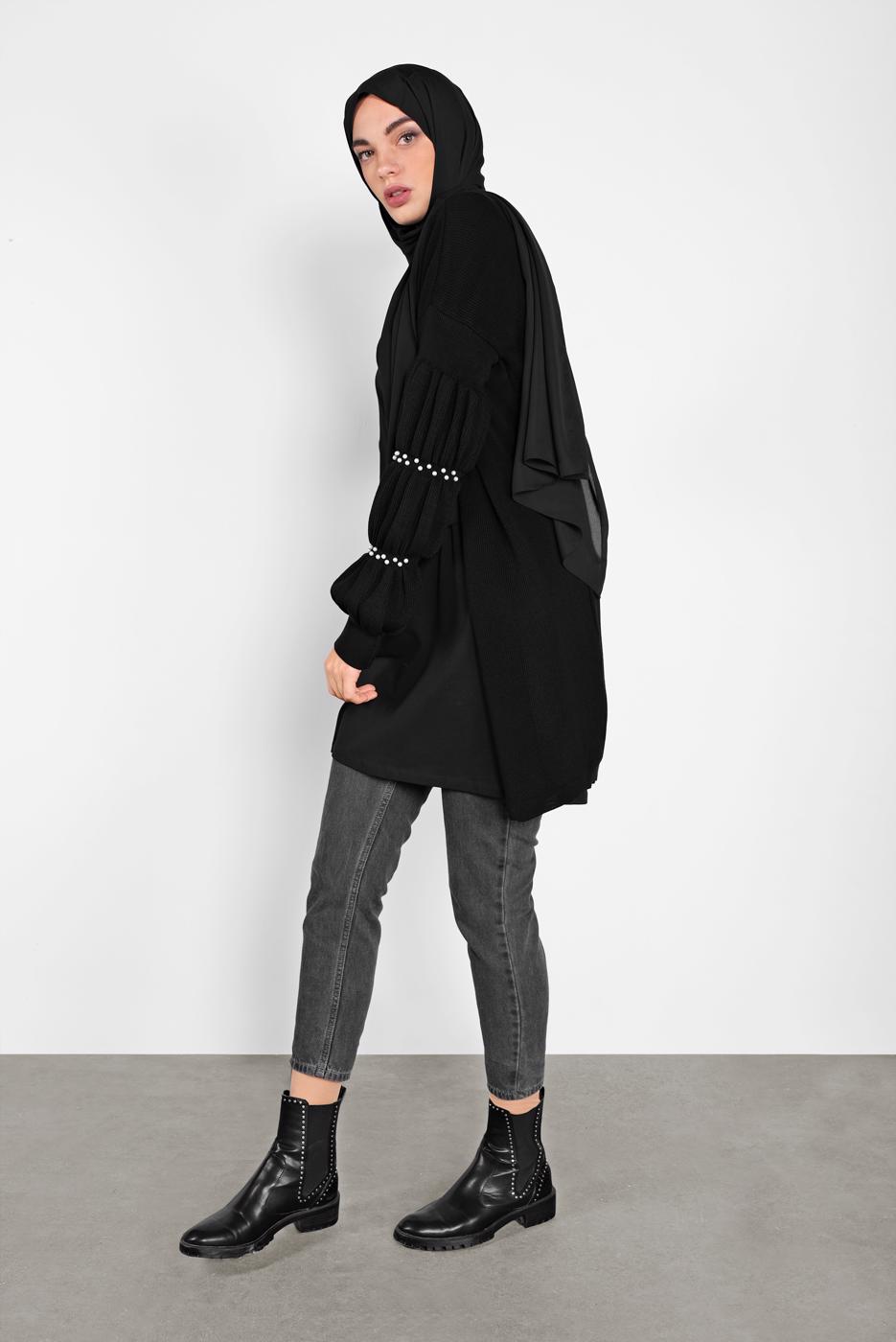 Tesettür giyim SİYAH İNCİ İŞLEME DETAYLI HIRKA 82441