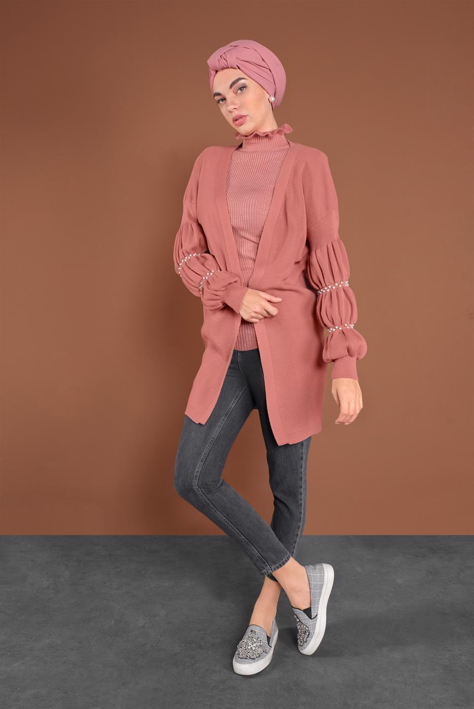 Tesettür giyim PUDRA İNCİ İŞLEME DETAYLI HIRKA 82441