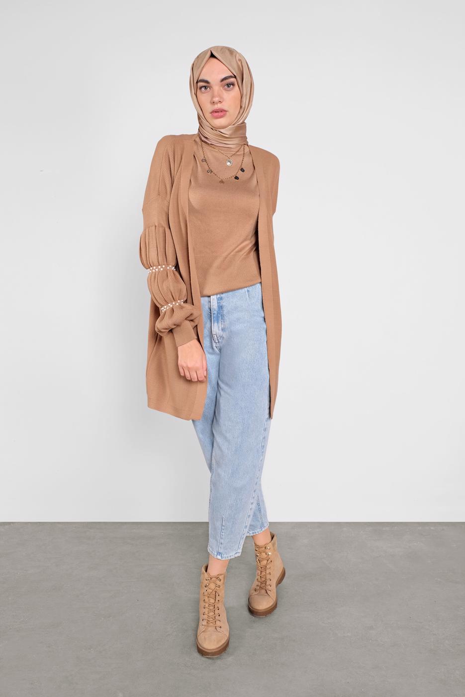 Tesettür giyim KAHVE İNCİ İŞLEME DETAYLI HIRKA 82441