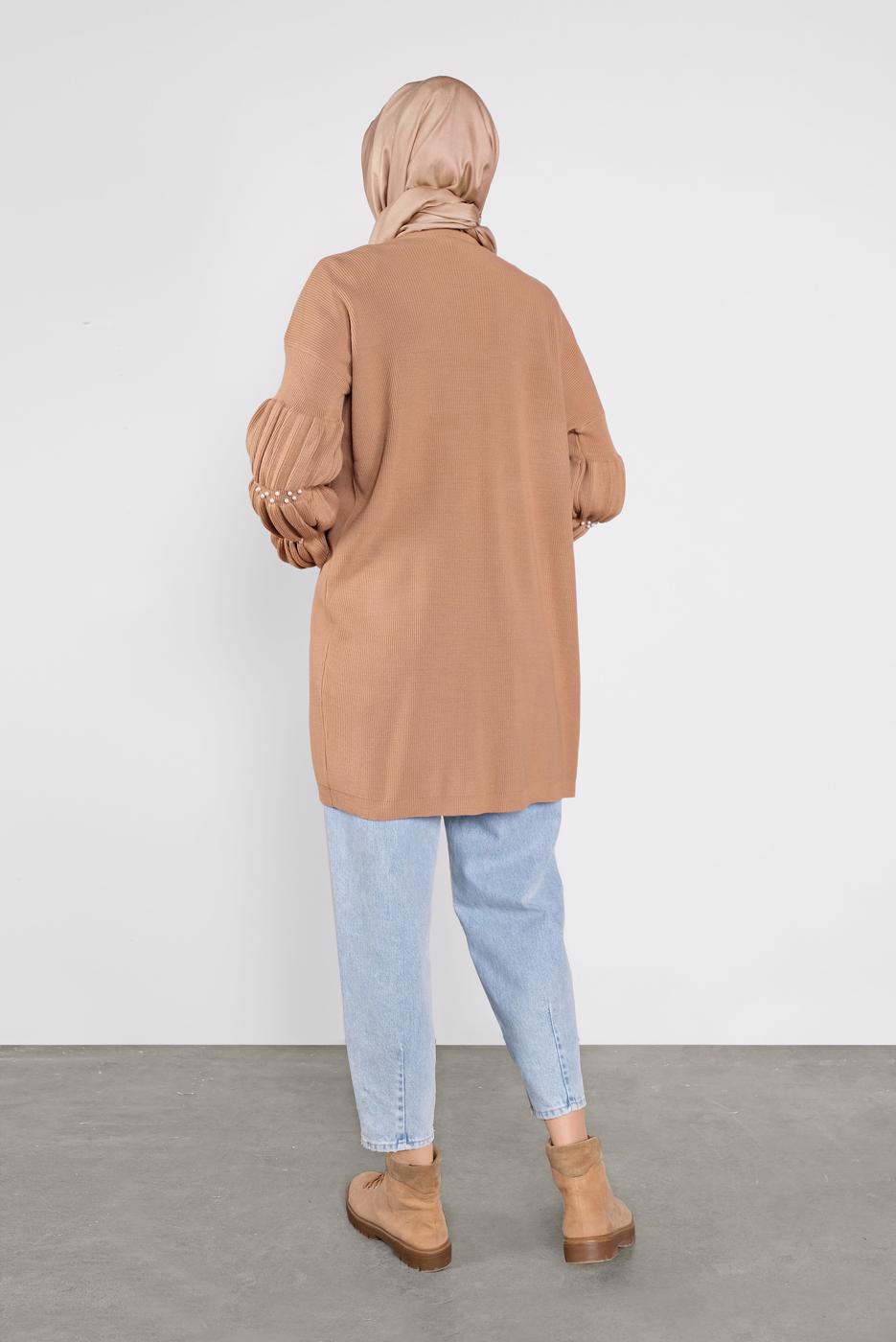 Tesettür giyim KAHVE İNCİ İŞLEME DETAYLI HIRKA 82441