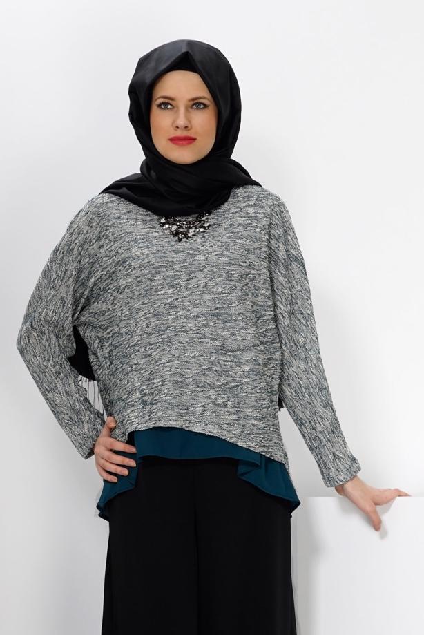 Hijab clothing GREEN ALVİNA ASYMMETRIC CUT 2-PIECE BLOUSE 4544  - TRENDTESETTÜR