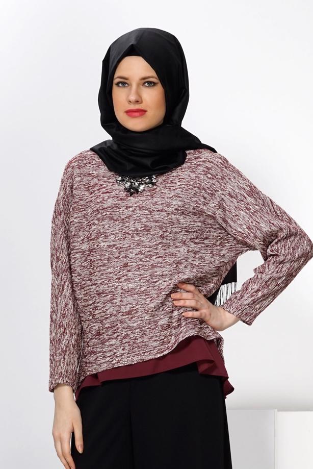 Hijab clothing CLARET RED ALVİNA ASYMMETRIC CUT 2-PIECE BLOUSE 4544  - TRENDTESETTÜR