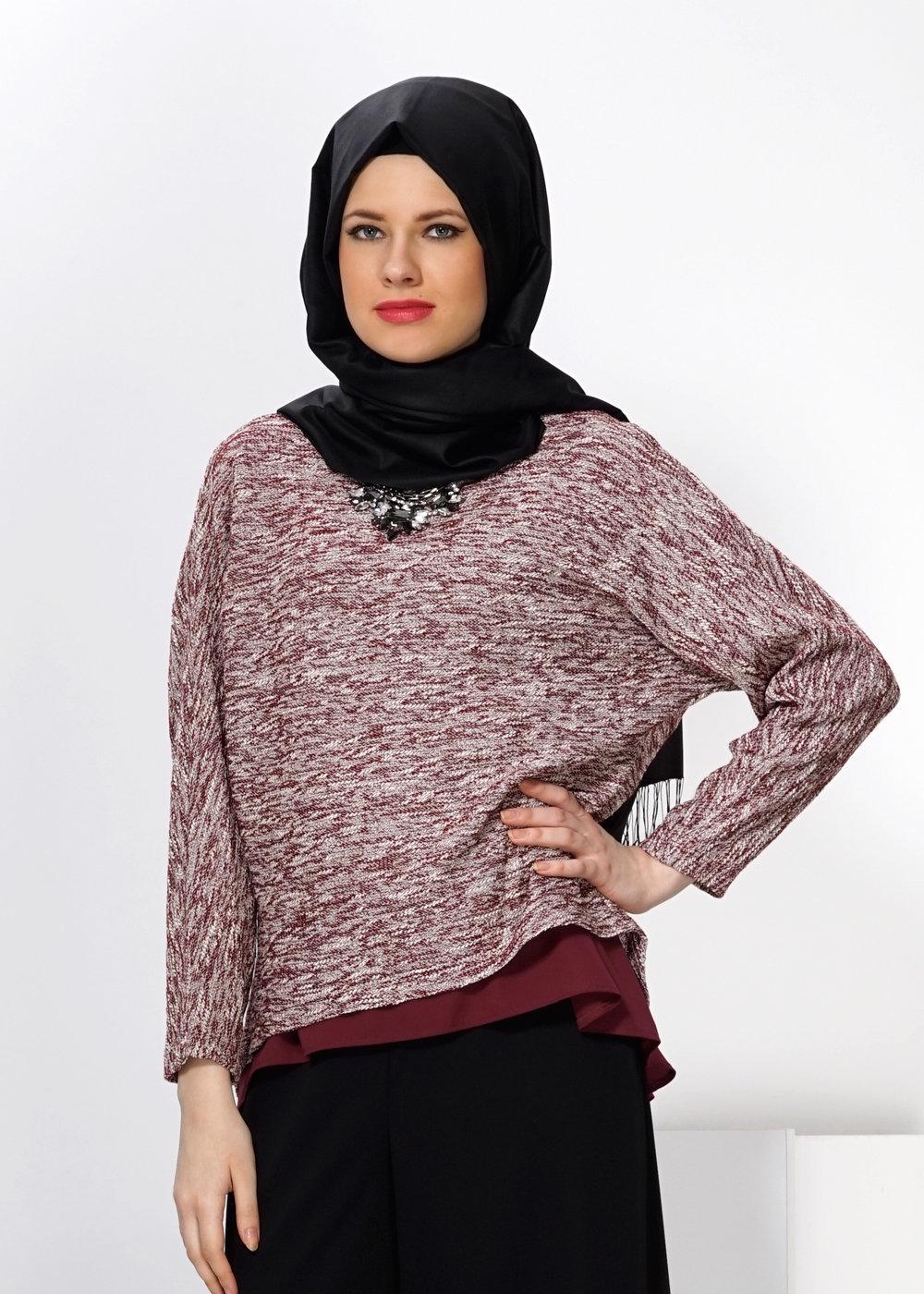Hijab clothing CLARET RED ALVİNA ASYMMETRIC CUT 2-PIECE BLOUSE 4544 