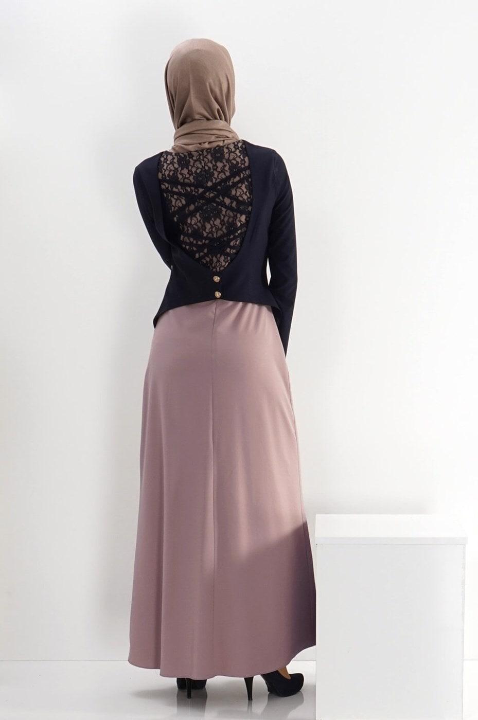 Tesettür giyim PEMBE ALVİNA DANTEL DETAYLI ELBİSE T 4242