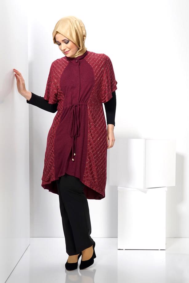 Vêtements hijab ROUGE BORDEAUX TUNIQUE EN MAILLE ARGENTÉE TAILLE FRONCÉE ALVİNA 2434 - TRENDTESETTÜR