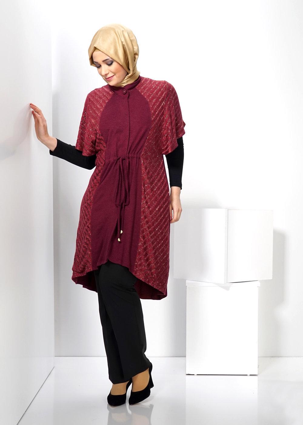 Tesettür giyim BORDO ALVİNA BELİ BÜZGÜLÜ SİMLİ TRİKO TUNİK 2434 