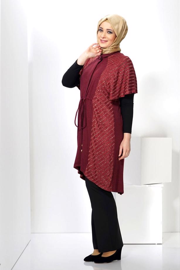 Vêtements hijab ROUGE BORDEAUX TUNIQUE EN MAILLE ARGENTÉE TAILLE FRONCÉE ALVİNA 2434 - TRENDTESETTÜR