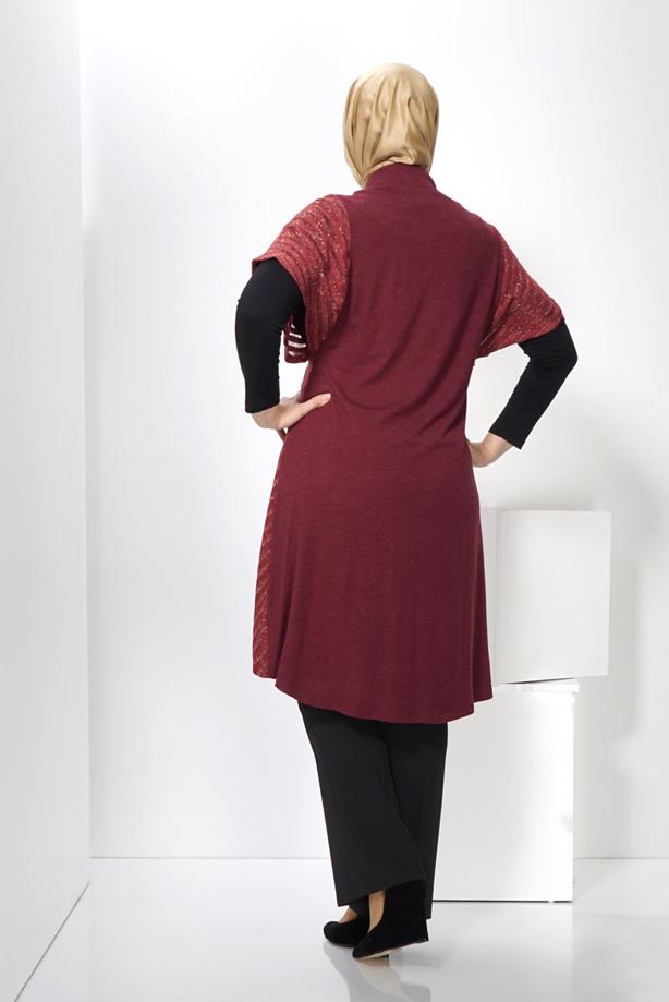 Vêtements hijab ROUGE BORDEAUX TUNIQUE EN MAILLE ARGENTÉE TAILLE FRONCÉE ALVİNA 2434 - TRENDTESETTÜR