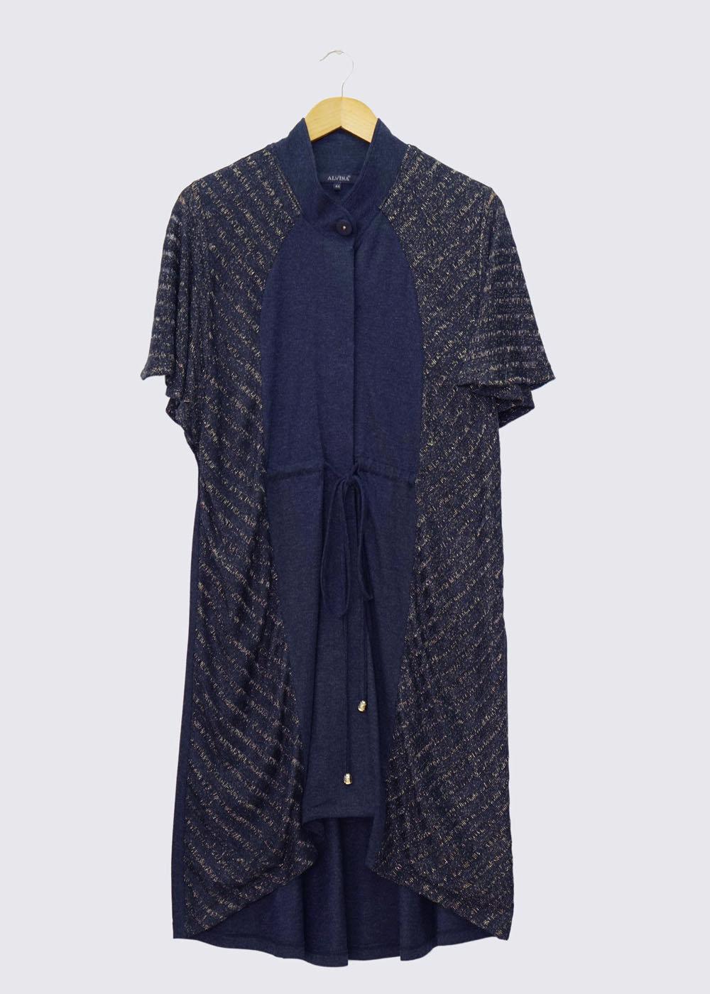 Vêtements hijab BLEU MARINE TUNIQUE EN MAILLE ARGENTÉE TAILLE FRONCÉE ALVİNA 2434