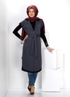 Tesettür giyim GRİ ALVİNA KAPÜŞONLU KUŞAKLI YELEK 4514 